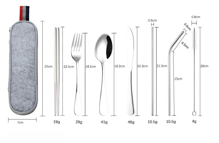 Stainless steel travel cutlery set with fork, spoon, and knife in a portable carrying case for camping and travel.