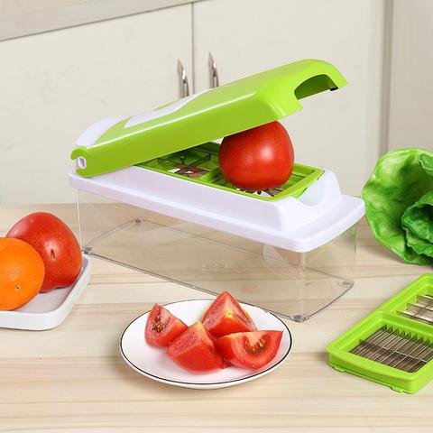 Vinzona 12-in-1 vegetable slicer and chopper with various blades for slicing, dicing, grating, and shredding in a kitchen.