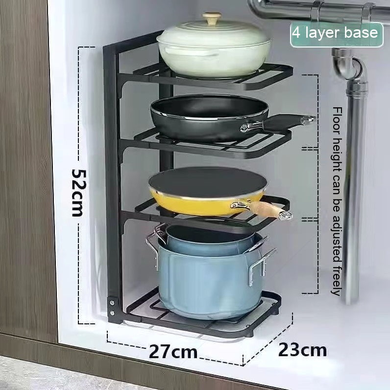 Stainless steel pot storage rack by Vinzona holding pots and pans inside a kitchen cabinet for organized cookware storage.