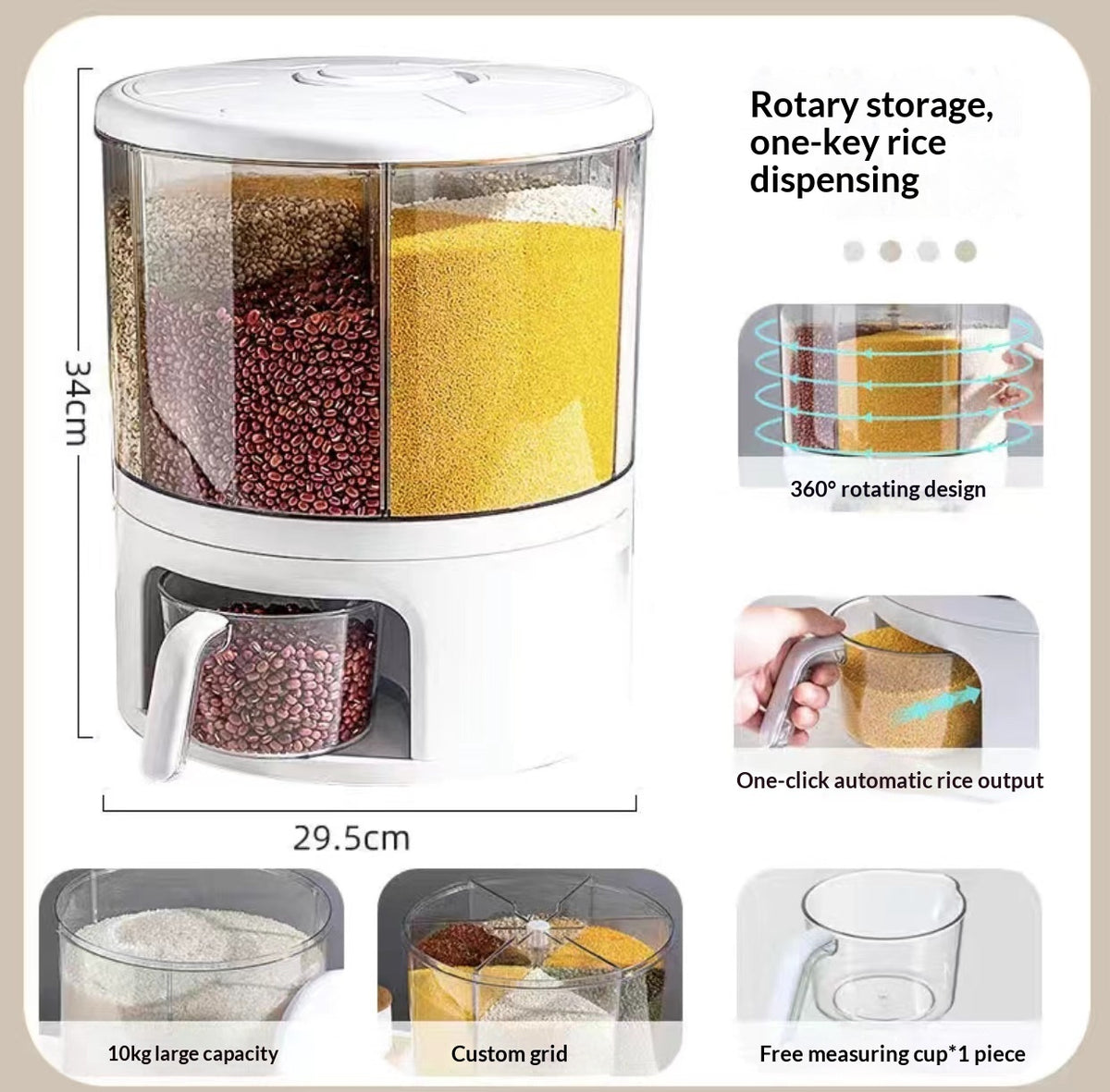 Vinzona 5-compartment grain storage container for rice, dry food, and pantry organization with clear plastic design.