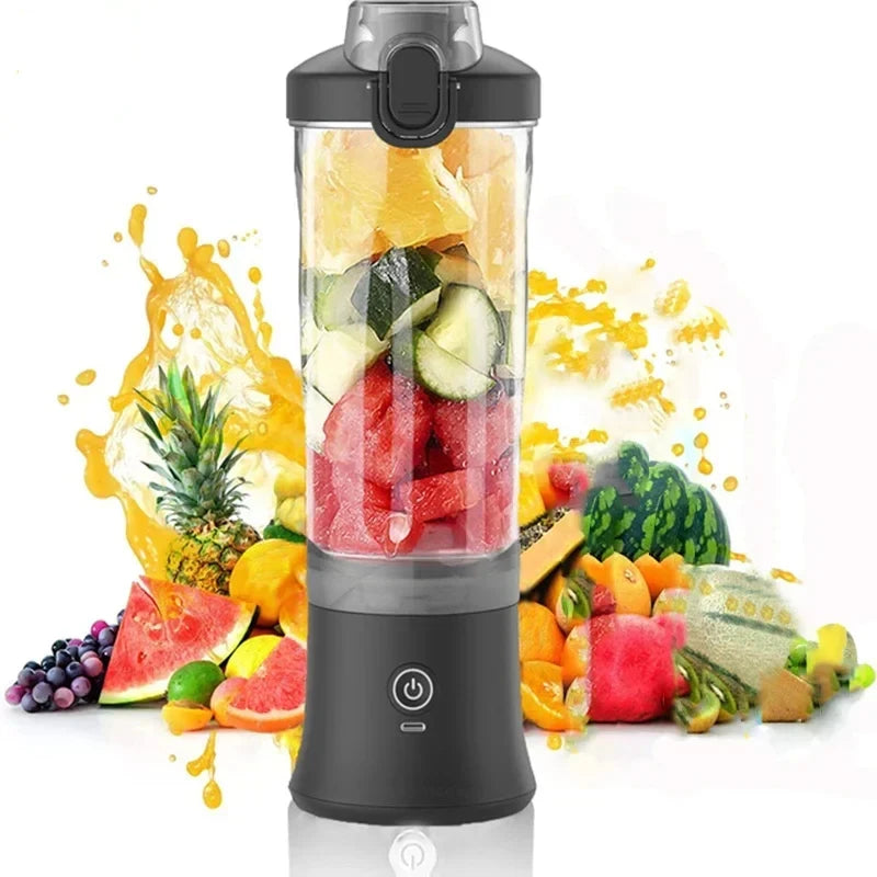 Vinzona portable 600ml USB rechargeable blender for smoothies and fruit, compact kitchen essential with blending jar and power button.
