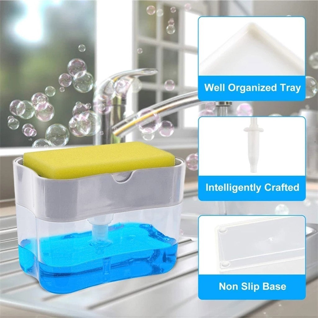 Vinzona multi-purpose dish brush with soap dispenser for kitchen cleaning, featuring a sturdy handle and bristles for effective dishwashing.