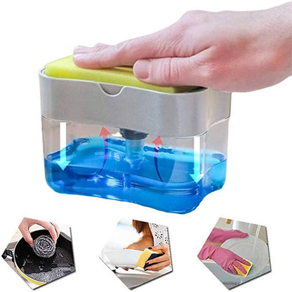 Vinzona multi-purpose dish brush with soap dispenser for kitchen cleaning, featuring a sturdy handle and bristles for effective dishwashing.