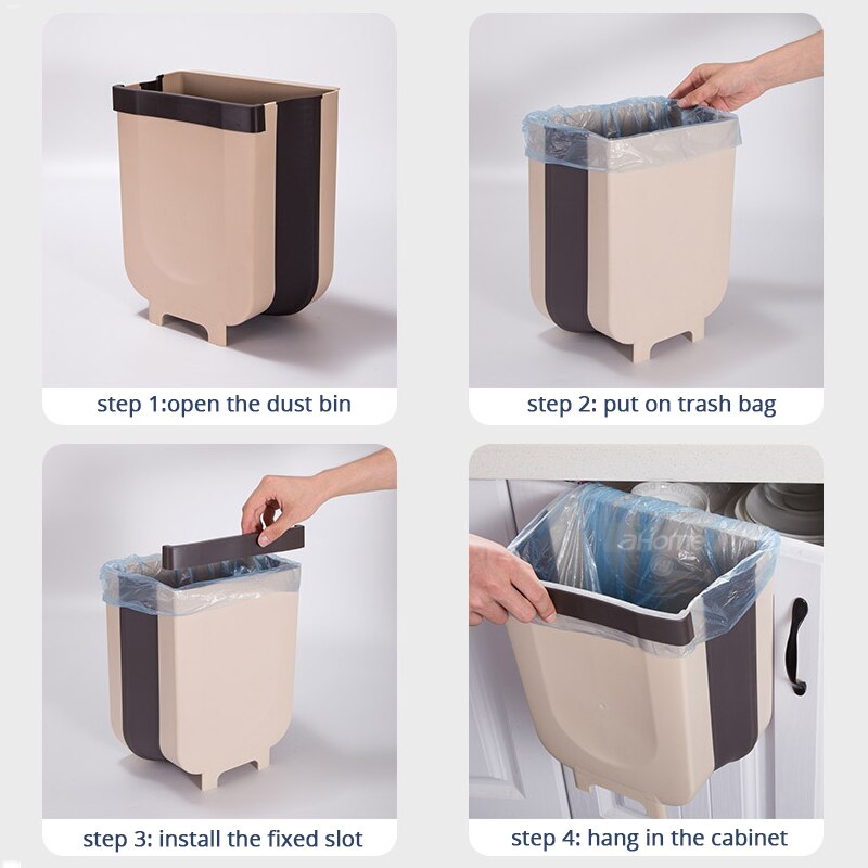 Vinzona foldable wall-mounted trash can, space-saving kitchen bin with compact design, ideal for modern cooking and kitchen organization.