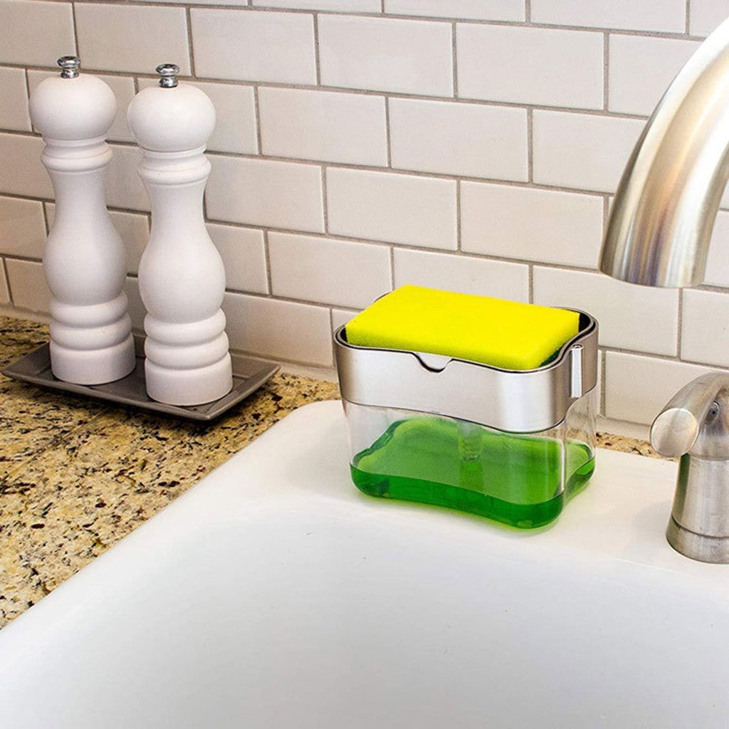 VinZona multi-purpose dish brush with soap dispenser, kitchen cleaning brush for dishes and kitchen organization.