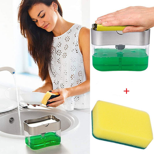 Vinzona multi-purpose dish brush with soap dispenser, kitchen cleaning tool with bristles and ergonomic handle for efficient washing.