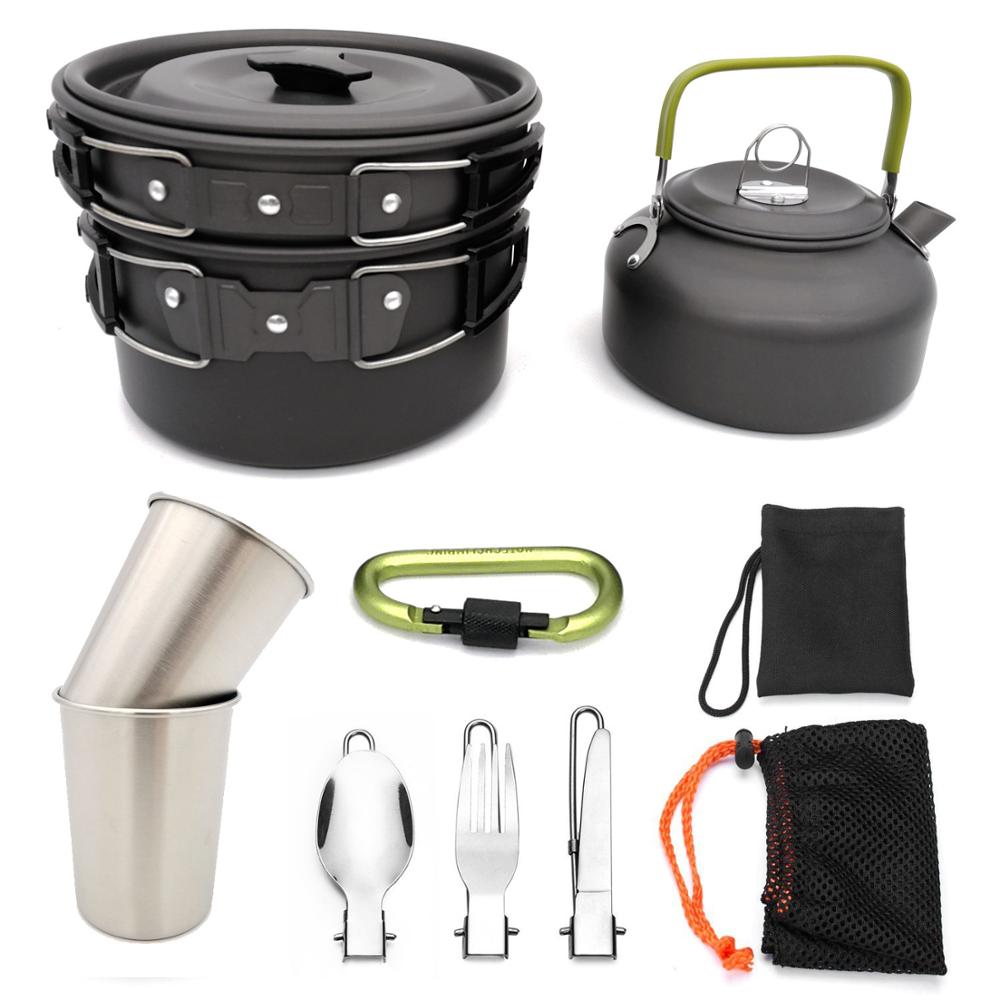 Vinzona portable camping cookware and utensil set with lightweight pots, pans, and utensils for outdoor cooking and hiking.