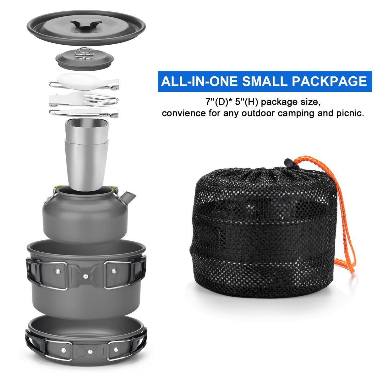 Lightweight Vinzona camping cookware and utensil set with pots, pans, and utensils for outdoor hiking and picnic cooking.