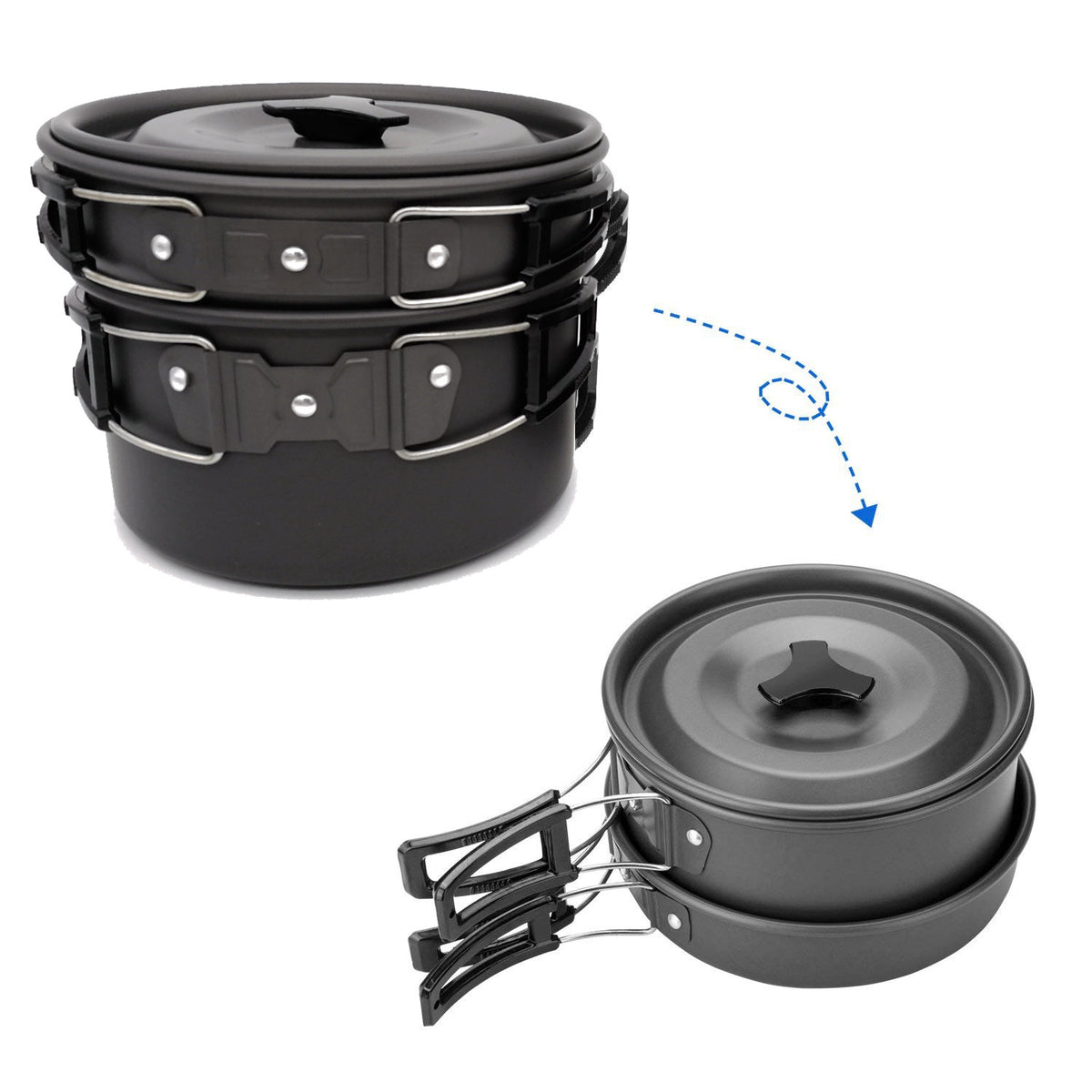 Vinzona portable camping cookware and utensil set with lightweight pots, pans, and utensils for outdoor hiking and picnic cooking.