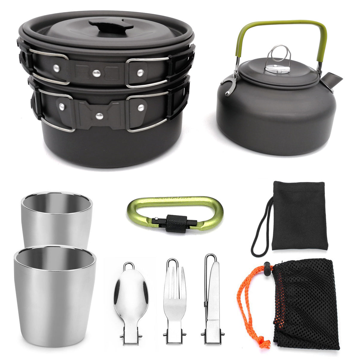 Lightweight Vinzona camping cookware and utensil set with pots, pans, and utensils for outdoor hiking, picnics, and camping.