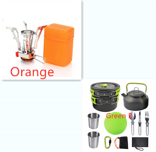 Vinzona portable camping cookware and utensil set with lightweight pots, pans, and utensils for outdoor hiking and picnics.