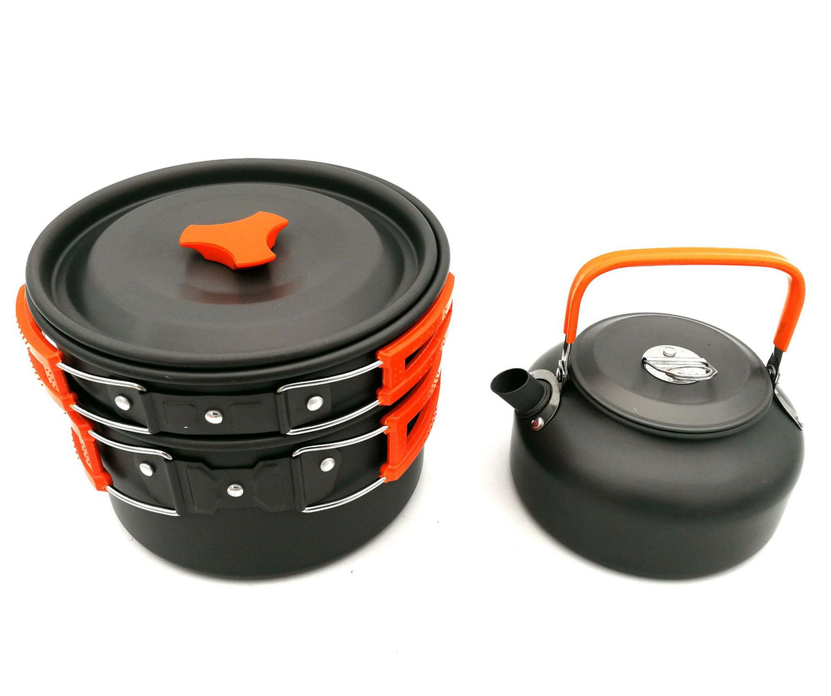 Vinzona portable camping cookware and utensil set with lightweight pots, pans, and utensils for outdoor cooking and camping trips.