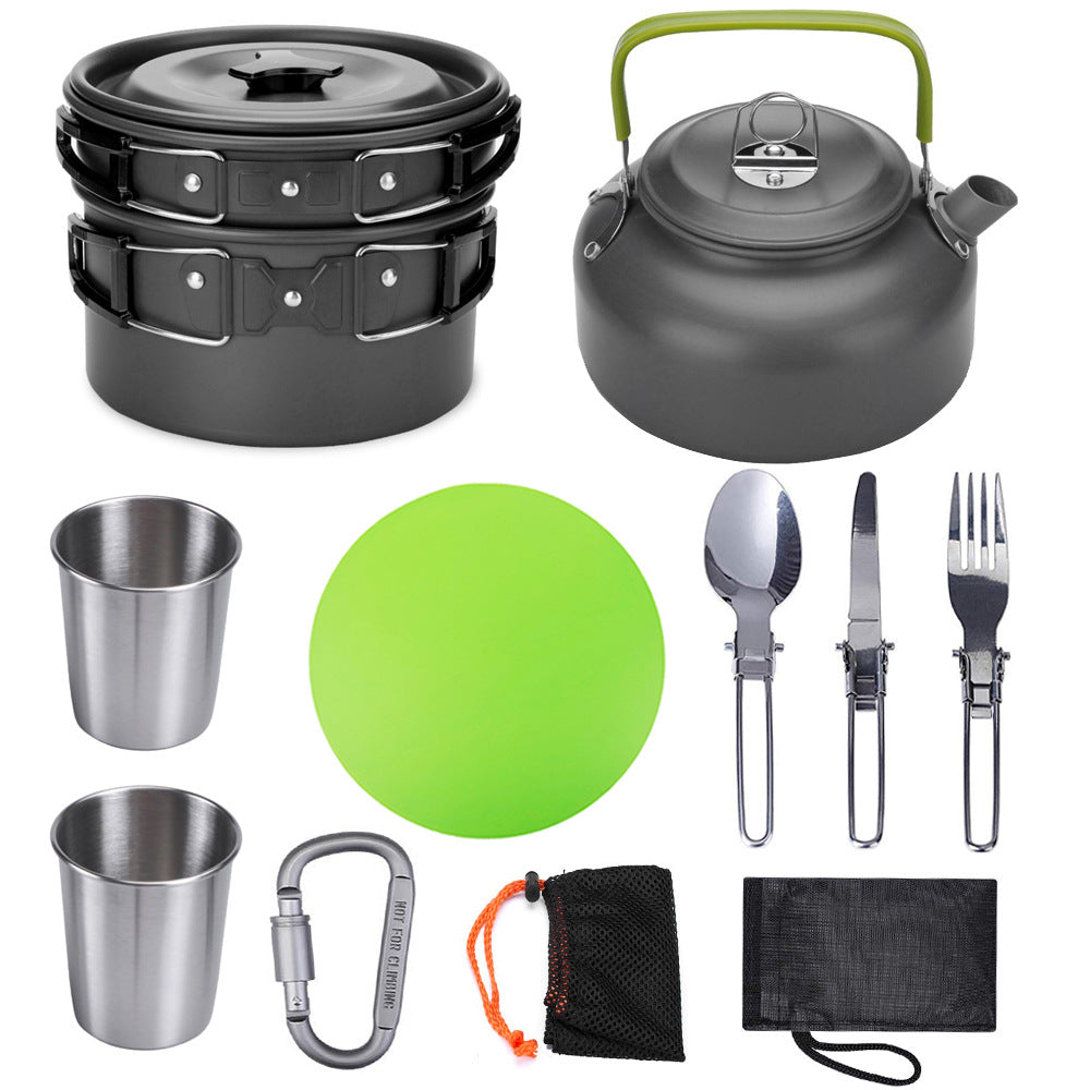 Vinzona portable camping cookware and utensil set with lightweight pots, pans, and utensils for outdoor cooking and hiking.