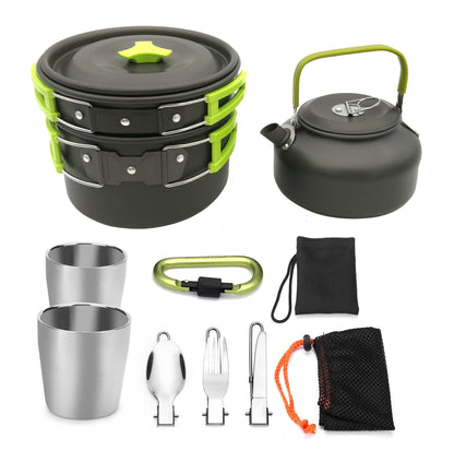Lightweight Vinzona camping cookware and utensil set with pots, pans, and utensils for outdoor cooking and hiking trips.