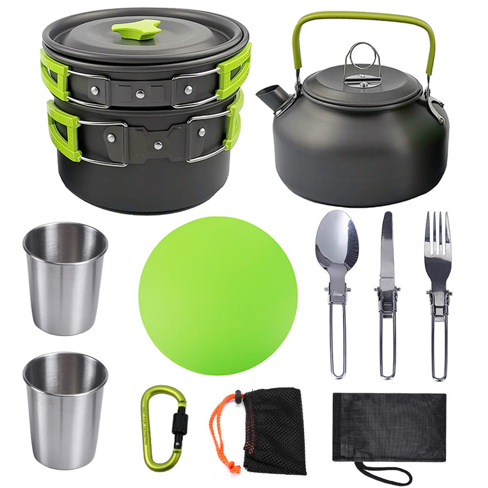 Portable Vinzona camping cookware and utensil set with lightweight pots, pans, and utensils for outdoor hiking and picnic cooking.