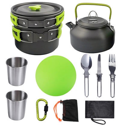 Portable Vinzona camping cookware and utensil set with lightweight pots, pans, and utensils for outdoor hiking and picnic cooking.
