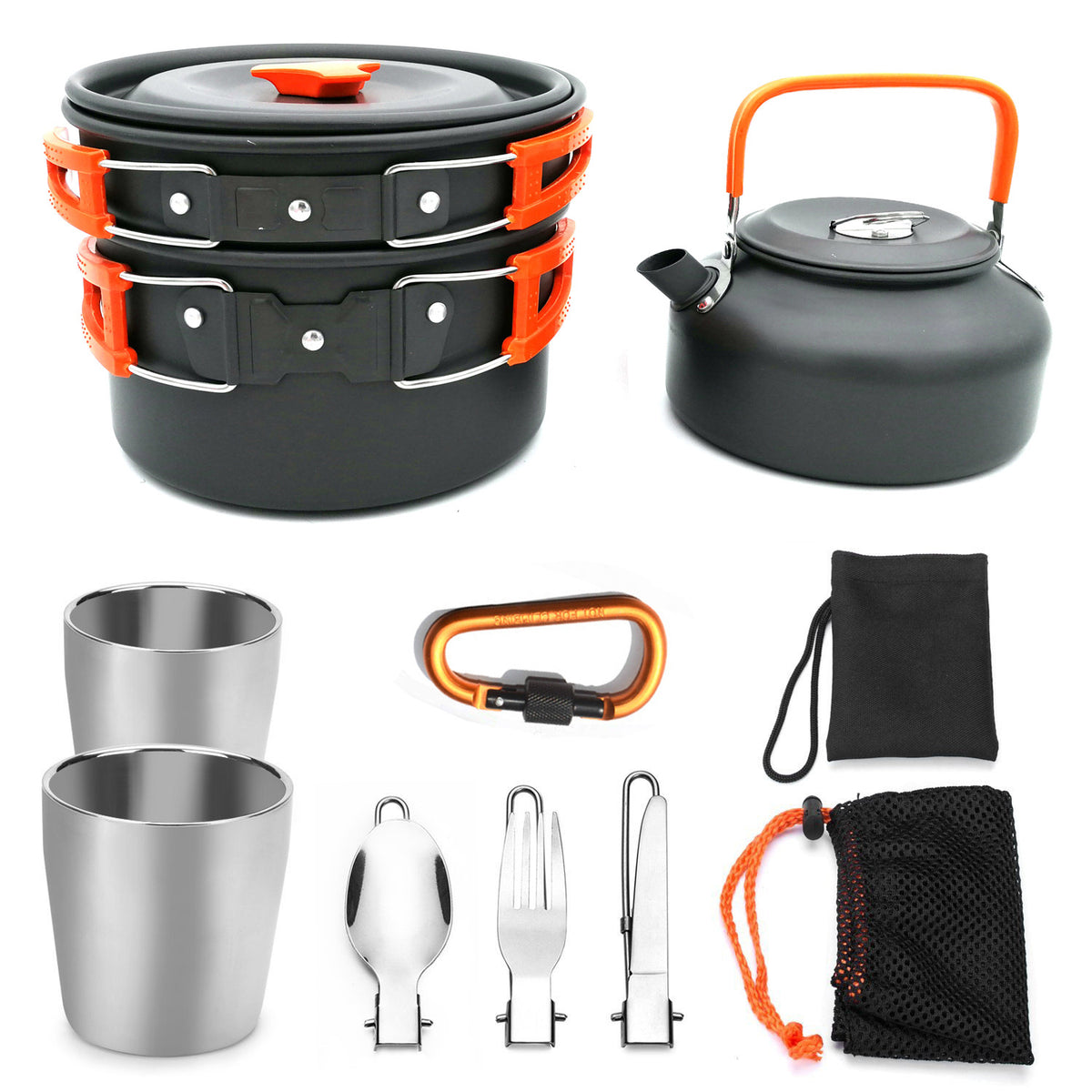 Vinzona portable camping cookware and utensil set with pots, pans, and utensils for outdoor hiking and picnic cooking.
