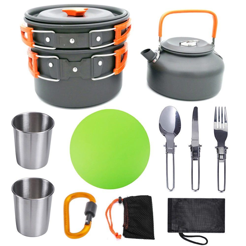 VinZona portable camping cookware and utensil set with lightweight pots, pans, and utensils for outdoor cooking and hiking.