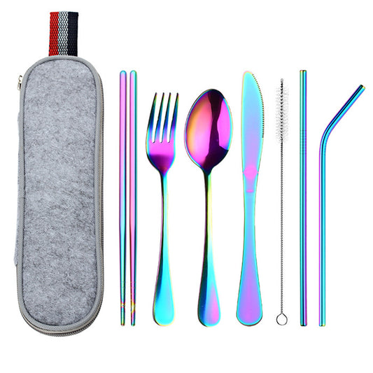 Stainless steel travel cutlery set with fork, spoon, and knife in a portable carrying case for camping and travel by Vinzona