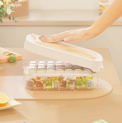 VinZona large food-grade ice cube tray with grid for reusable ice making, shown filled with water in a freezer.