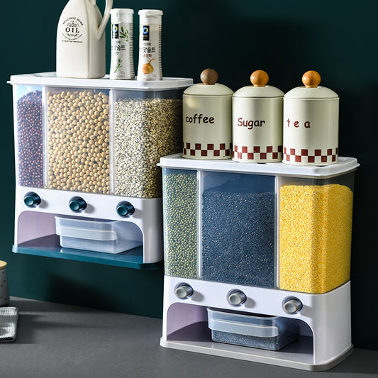 Vinzona wall-mounted clear plastic grain storage container with measuring cup, ideal for kitchen and food storage organization.