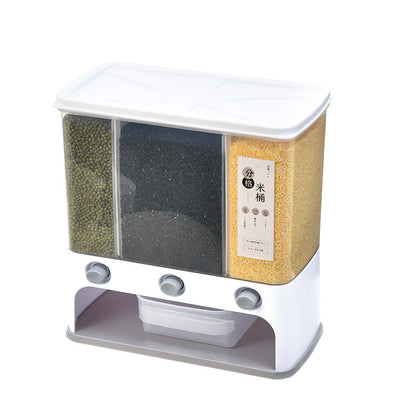 VinZona wall-mounted grain storage container with clear plastic body and measuring cup for kitchen organization and food storage.