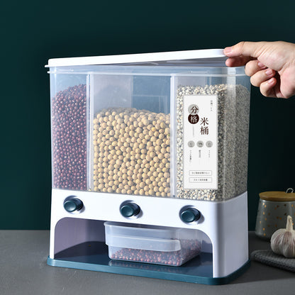 Vinzona wall-mounted grain storage container in clear plastic with measuring cup, ideal for kitchen and food storage.