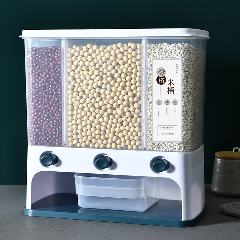 Vinzona wall-mounted grain storage container with clear plastic body and measuring cup, ideal for kitchen organization and food storage