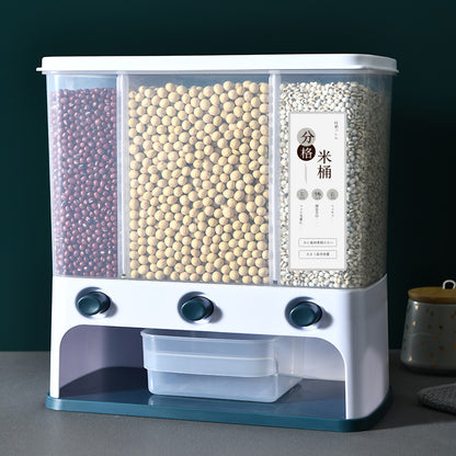 Vinzona wall-mounted grain storage container with clear plastic body and measuring cup, ideal for kitchen organization and food storage