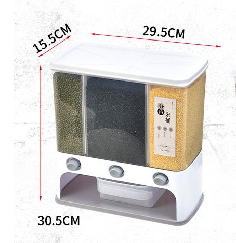 Vinzona wall-mounted grain storage container in clear plastic with measuring cup, ideal for kitchen organization and food storage.