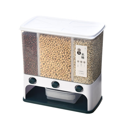 Vinzona wall-mounted grain storage container with clear plastic body and measuring cup for kitchen organization and food storage.