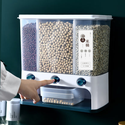 Vinzona wall-mounted grain storage container with clear plastic design and built-in measuring cup for kitchen organization.