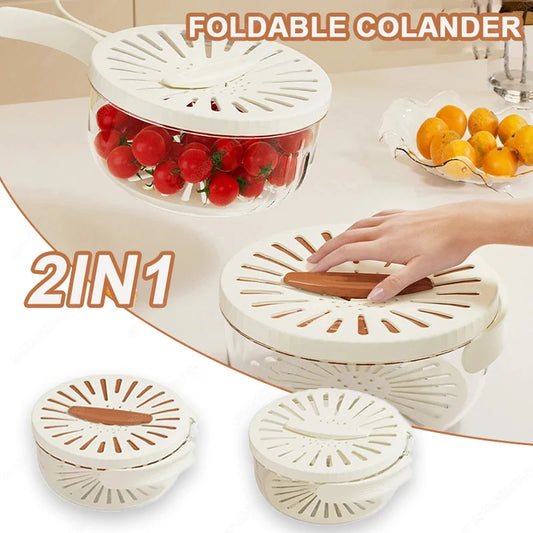 VinZona fruit and vegetable washing bowl with drain basket, lid, and foldable handles for kitchen food prep and storage.