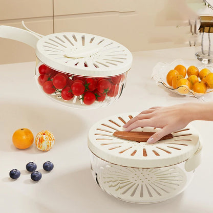 VinZona fruit and vegetable washing bowl with drain basket, lid, and foldable handles, kitchen colander and food storage container.