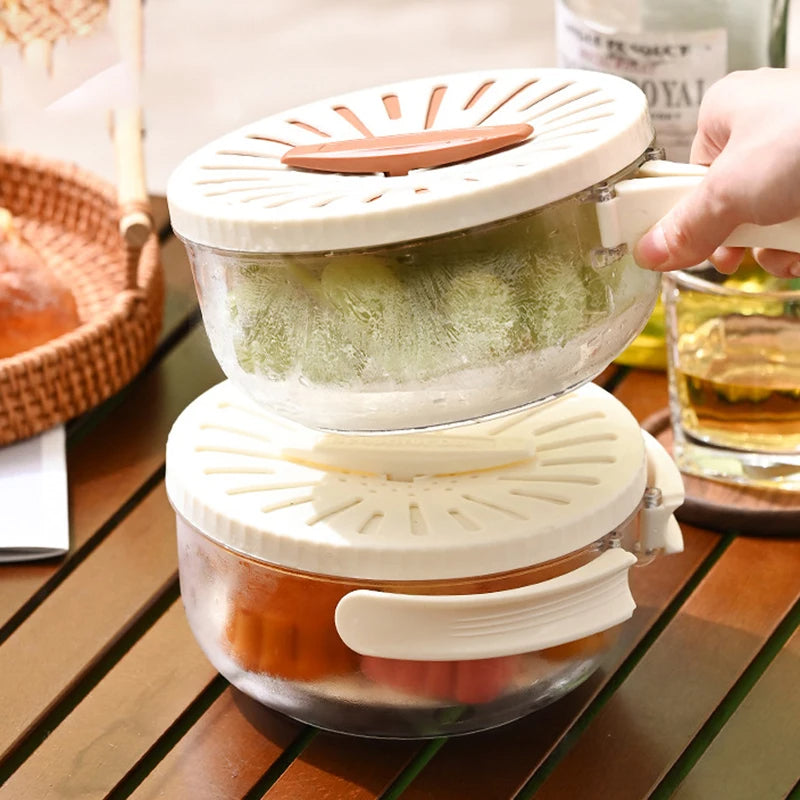 Vinzona fruit and vegetable washing bowl with drain basket, lid, foldable handles, kitchen colander, and food storage container.