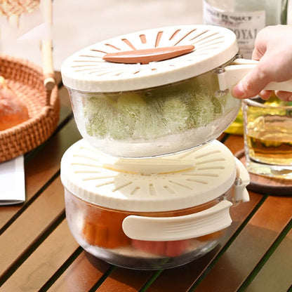 Vinzona fruit and vegetable washing bowl with drain basket, lid, foldable handles, kitchen colander, and food storage container.
