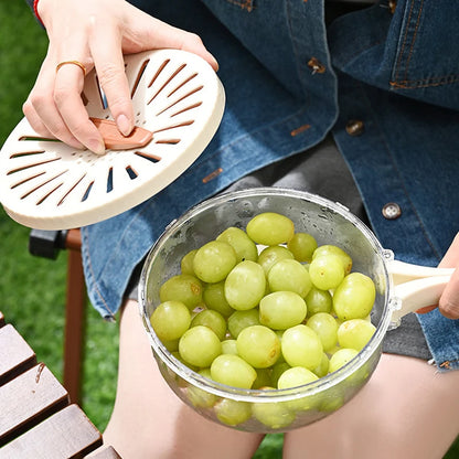Vinzona fruit and vegetable washing bowl with drain basket, lid, foldable handles, kitchen colander, and food storage container.