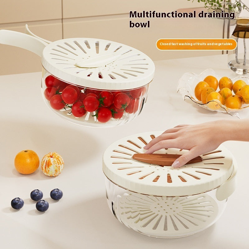 Vinzona fruit and vegetable washing bowl with drain basket, lid, and foldable handles, kitchen colander and food storage container.