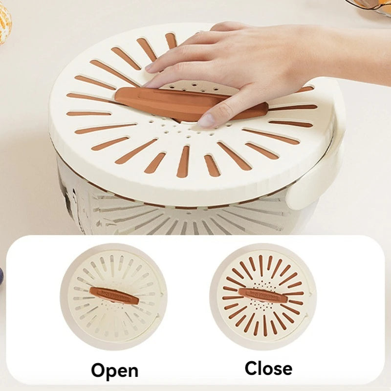 VinZona fruit and vegetable washing bowl with drain basket, lid, and foldable handles for kitchen cleaning and food storage.