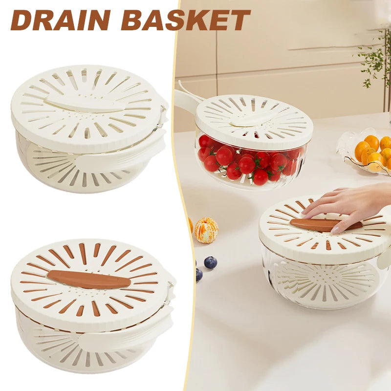 Vinzona fruit and vegetable washing bowl with drain basket, lid, and foldable handles, kitchen colander and food storage container.