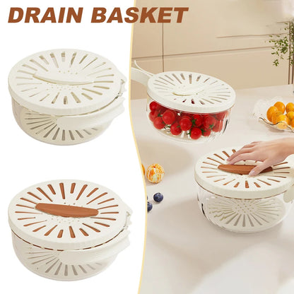 Vinzona fruit and vegetable washing bowl with drain basket, lid, and foldable handles, kitchen colander and food storage container.