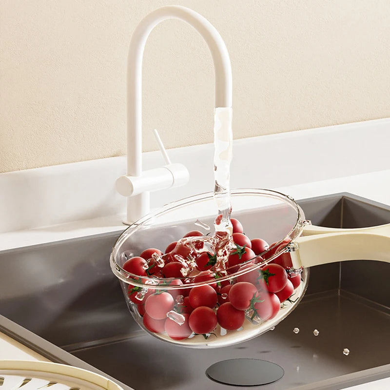 VinZona fruit and vegetable washing bowl with drain basket, lid, and foldable handles for kitchen food prep and storage.