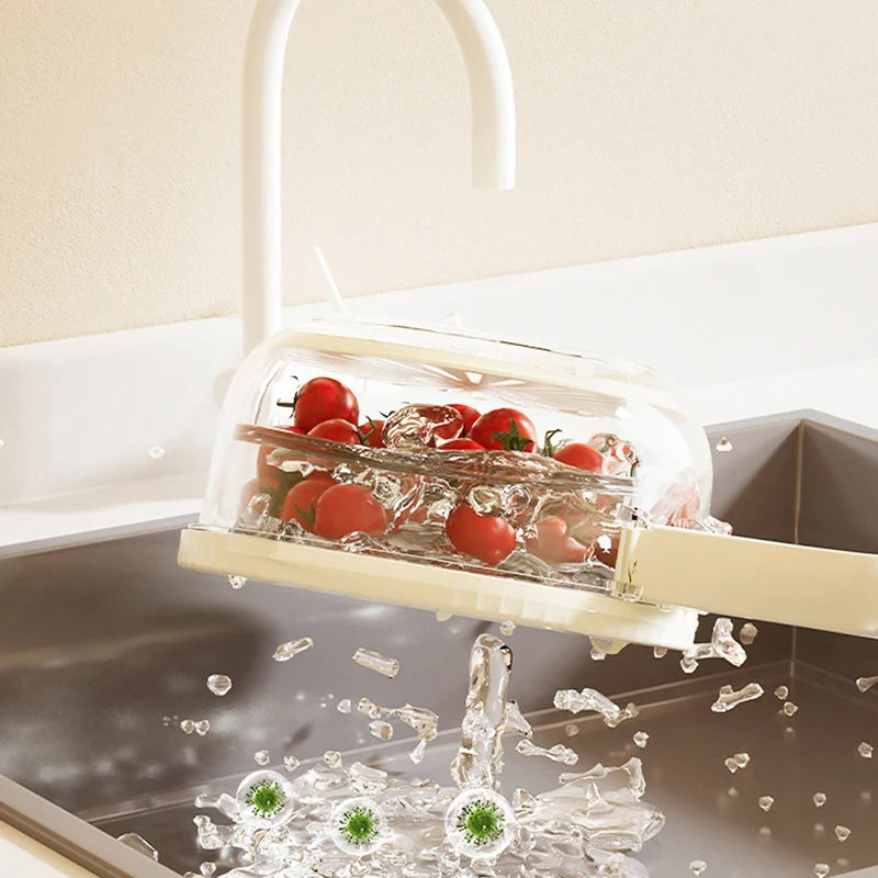 Vinzona fruit and vegetable washing bowl with drain basket, lid, and foldable handles, made of brown and white plastic.