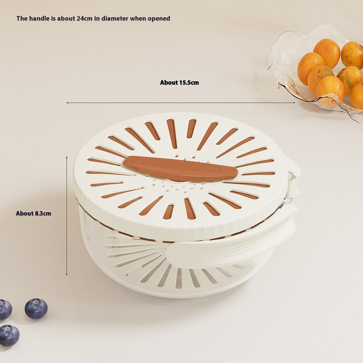 Vinzona fruit and vegetable washing bowl with drain basket, lid, and foldable handles, kitchen colander for food cleaning and storage.