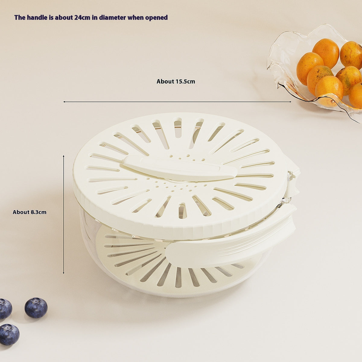 Vinzona fruit and vegetable washing bowl with drain basket, lid, and foldable handles, kitchen colander for food cleaning and storage.