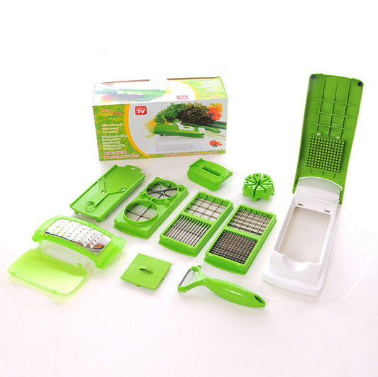 Vinzona 12-in-1 vegetable slicer and chopper with multiple blades for slicing, dicing, grating, and shredding in the kitchen.