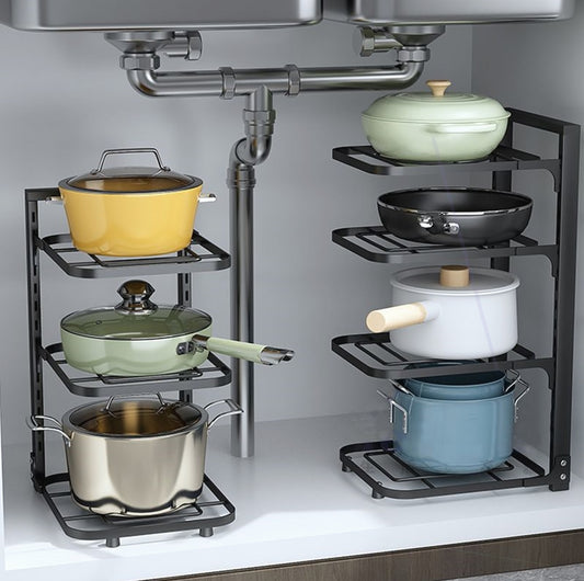 Stainless steel pot storage rack by Vinzona holding cookware in a modern kitchen cabinet organizer for kitchen essentials.