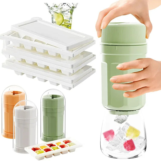 Vinzona rotating ice cube maker with lid, green plastic tray for easy release of ice cubes, ideal for freezer and kitchen use.
