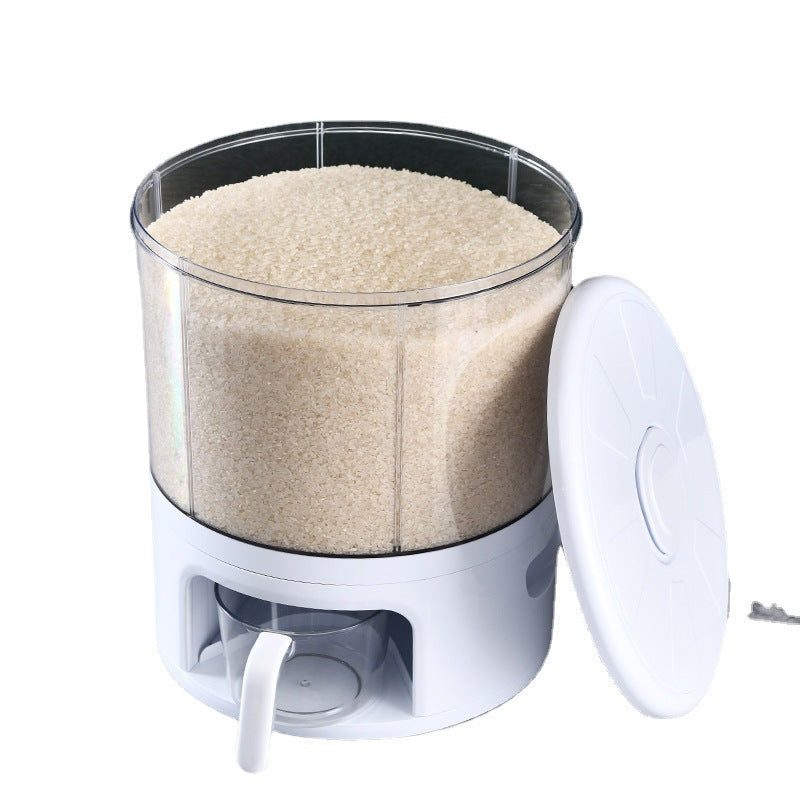 Vinzona 5-compartment grain storage container with labeled sections for rice, dry foods, and kitchen pantry organization.