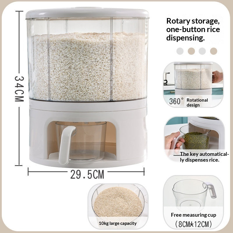Vinzona 5-compartment grain storage container with clear labels for rice, dry food, and pantry organization in a kitchen.